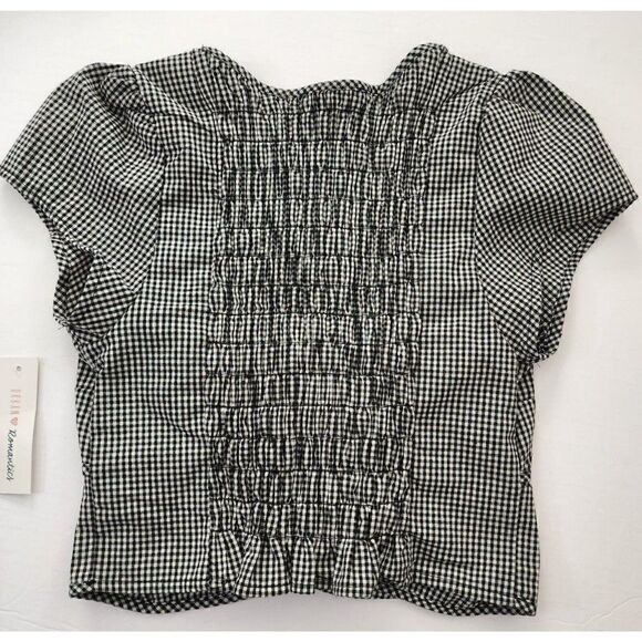URBAN ROMANTICS Women's L Blk White Gingham Cut Out Front Crop Top Smocked Back - Picture 5 of 6